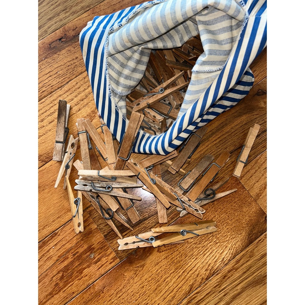 Vintage Wooden Clothespins with Blue White Striped Hanging Fabric Bag Set